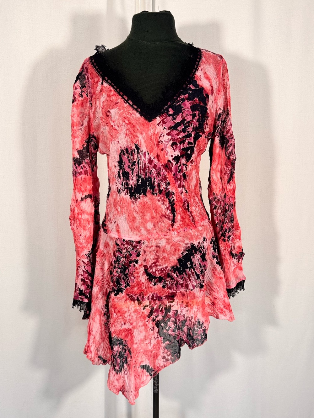 Komarov Pink Abstract Lace Trim Asymetrical Mini Dress